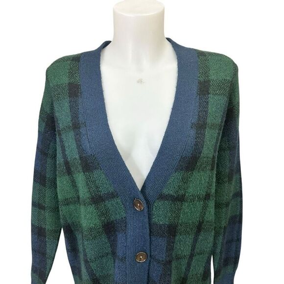 LOFT Green Blue Black Plaid Boyfriend Cardigan Oversized Sz XS Academia - Picture 4 of 9